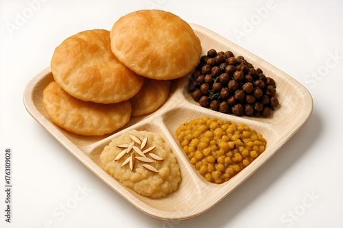 Indian Festival Meal (Ashtami Prasad) with Puri, Halwa, and Chana on a White Background