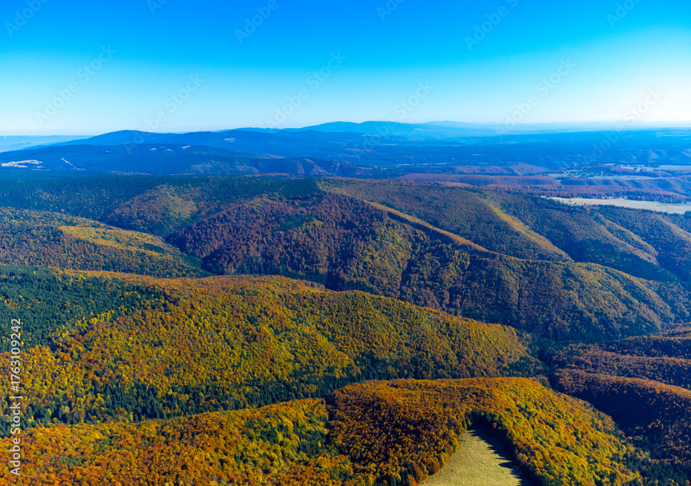 Fototapeta premium Aerial view with yellowed forests on mountains and valleys in autumn. Fall forested mountains seen from above