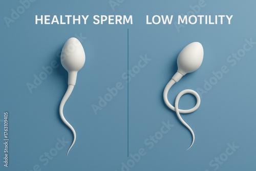 Medical illustration comparing healthy sperm with low motility sperm, used to explain male fertility and reproductive health issues.
