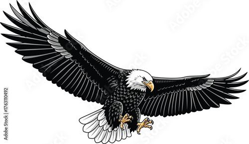 Majestic bald eagle soaring with wings spread wide in flight flat design vector illustration isolated on transparent background