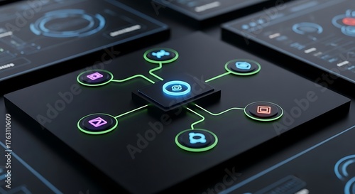 Futuristic glowing interface connects devices with vibrant digital technology and data flow