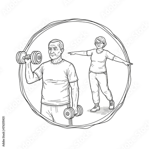 Elderly couple exercising together with dumbbells in fitness setting - Concept of Always Together, Elderly People  