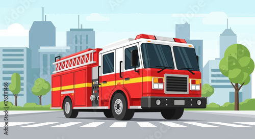 Cuadro en lienzo Red Fire Engine Truck on City Street.