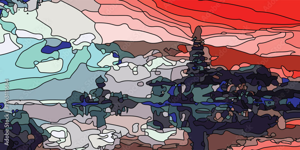 Fototapeta premium Abstract artwork depicting a landscape with a structure, featuring various color gradients and shapes.