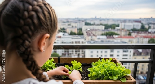 Little girl gardening on the balcony with a city view in the background