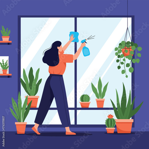 Woman cleaning window with spray bottle and sponge.