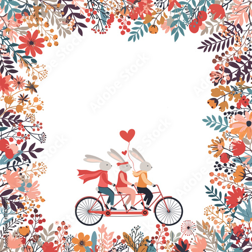 Three adorable bunnies riding a tandem bicycle with a heart balloon.