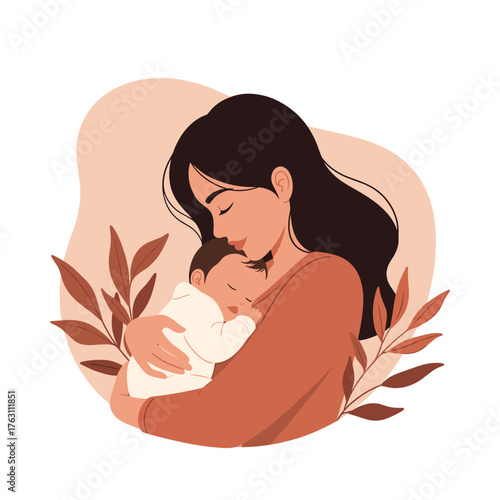 Mother holding her baby with love and tenderness.
