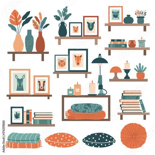 Vector collection of cozy home interior decor elements on shelves.
