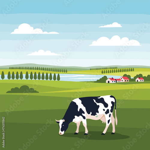 Black and White Cow Grazing in a Green Field.