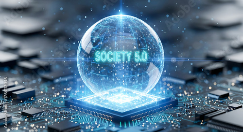 Holographic globe with Society 5.0 text on circuit board
