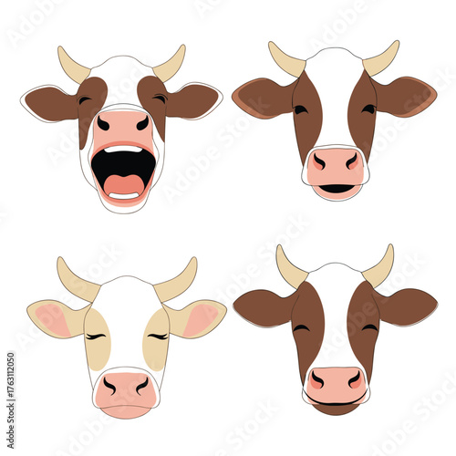 Four different cow head expressions set on white background.