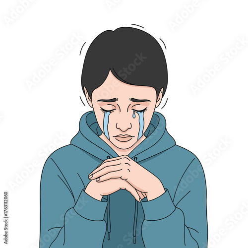 Young person crying with hands clasped in front of chest, expressing deep sadness and despair.