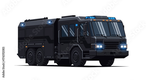 Sleek Black Fire Truck with Blue Lights on White Background.