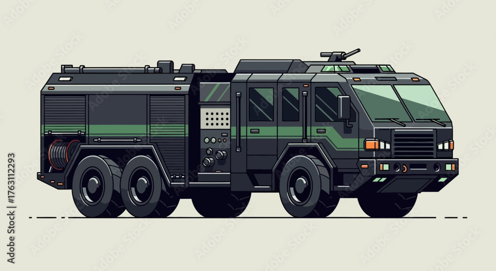 Obraz premium Vector illustration of a dark green armored crowd control vehicle.
