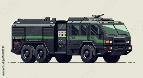 Vector illustration of a dark green armored crowd control vehicle.
