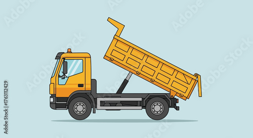 Yellow Dump Truck with Raised Bed Side View.