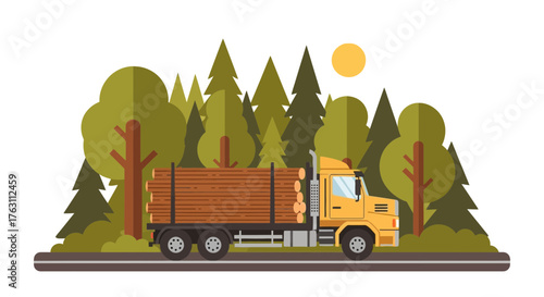 Yellow logging truck carrying timber logs on a road.