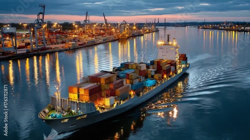 Maritime Trade: A large cargo ship navigates through a busy harbor at twilight, its containers ready to transport goods, representing the essence of global commerce and efficient logistics.