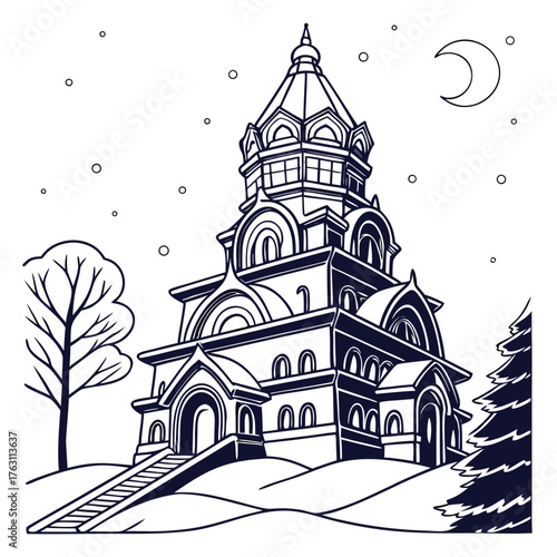 Asahikawa Winter Festival Giant Snow Sculpture Vector Illustration. Perfect for winter tourism posters, cultural holiday graphics