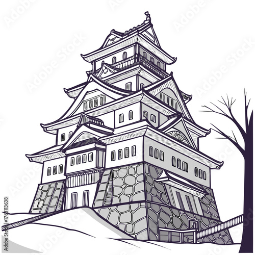 Asahikawa Winter Festival Giant Snow Sculpture Vector Illustration. Perfect for winter tourism posters, cultural holiday graphics