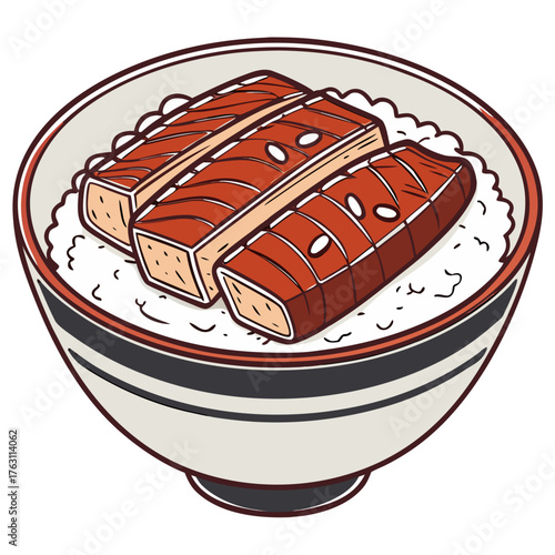 Japanese Unagi Donburi Vector Illustration. Restaurant menu graphics, gourmet branding, cultural food posters, culinary illustration