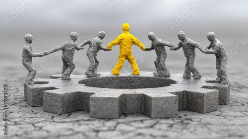 Unique Leadership Concept with Yellow Figure Surrounded by Gray Figures in Gear System on Cracked Ground