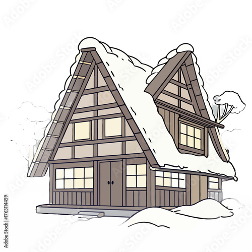 Shirakawa-go Winter Light-up Vector Illustration. Perfect for romantic winter holiday posters, cultural tourism visuals