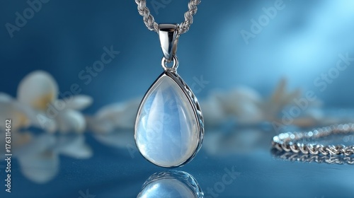Elegant silver pendant necklace featuring a stunning moonstone gemstone on a glossy blue background with delicate flowers