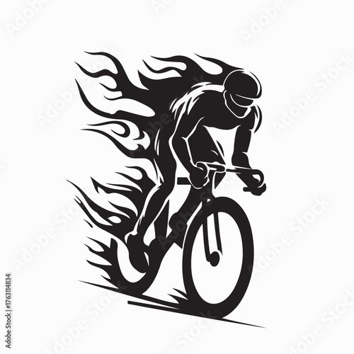 Fast Cyclist with Burning Flames Logo Vector  isolated on white background