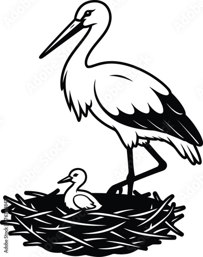 Charming stork and chick in nest wildlife art for baby announcements and nature themes flat design vector illustration isolated on transparent background