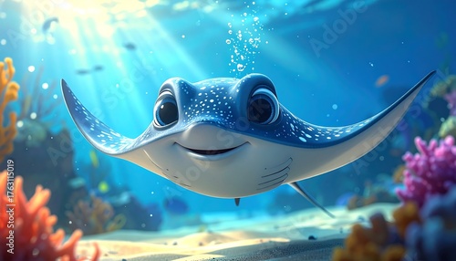 Smiling ray in vibrant ocean