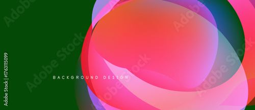 Abstract fluid shapes overlap, creating vibrant color gradients. Green background contrasts with pinks, blues, purples. Modern design element.