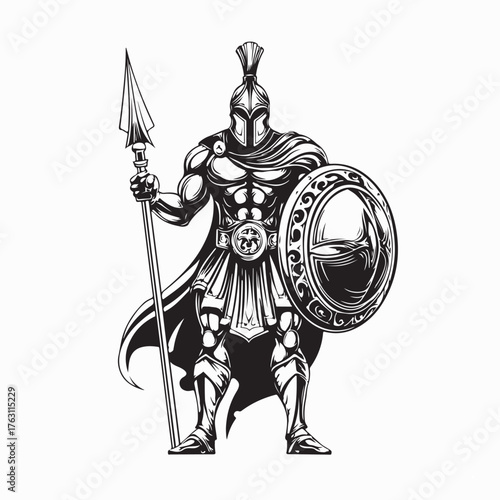 Strong Gladiator Holding Sword and Shield Vector Art on white background