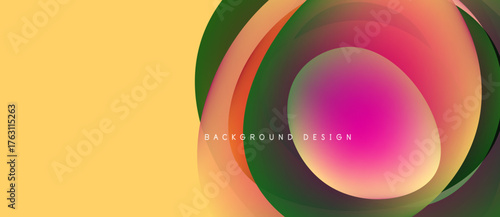 Abstract circles overlap, creating vibrant color gradients. Yellow background contrasts with pink, orange, green hues. Modern design element.