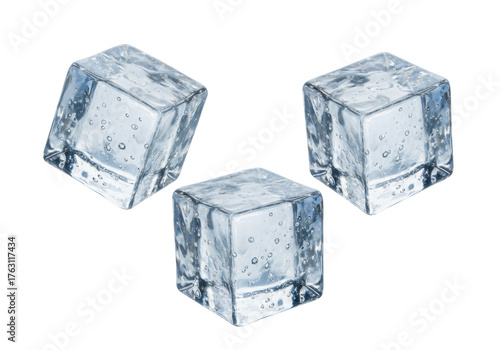 Three clear ice cubes isolated on transparent background, refreshing frozen water blocks for summer drinks and beverage photography