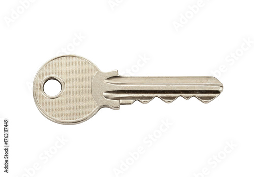 Silver metal key isolated on transparent background, house security tool for unlocking doors and providing access control