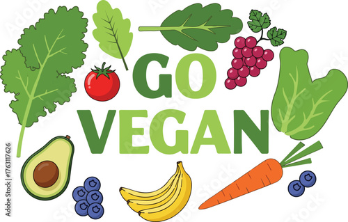 Colorful illustration promoting veganism, featuring various fruits and vegetables with the words 'Go Vegan'.