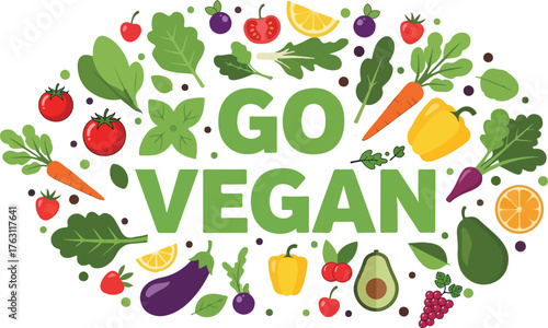 Colorful illustration promoting veganism, featuring various fruits and vegetables with the words 'Go Vegan'.