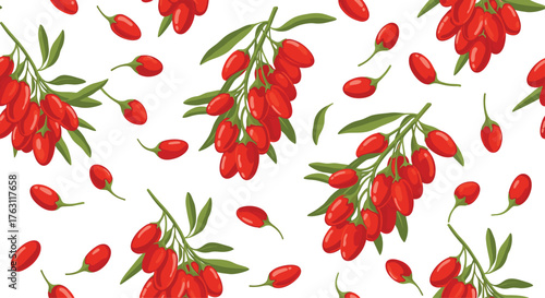 Illustration of goji berries with green leaves scattered on a white background in a seamless pattern