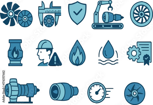 Jet Engine Assembly Manufacturing Icon Set include, Turbine Components, Precision Engineering, Quality Assurance, Assembly Line, Thrust Testing