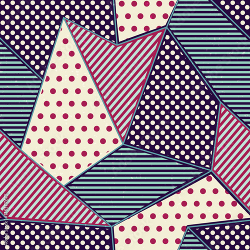 seamless geometric pattern Displays a geometric patchwork pattern with polka dots. Full-frame composition, multicolor tone. Modern style, design background