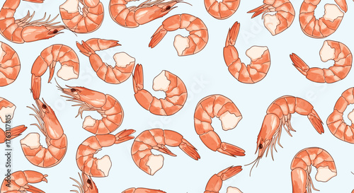 A seamless pattern of cooked shrimp on a light blue background with a cartoon style illustration