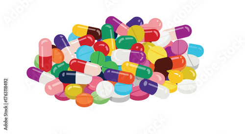 A colorful assortment of pills and capsules piled together on a white isolated background image