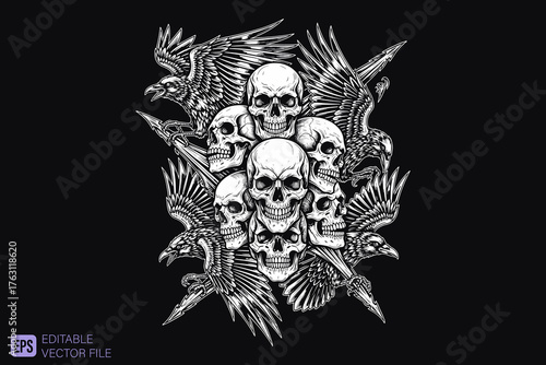 Pile of Skulls and Crows Tattoo Design.