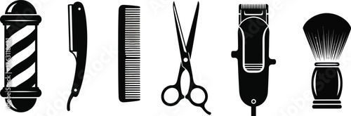 Barber shop tools collection featuring barber pole razor comb scissors clipper brush silhouettes flat design vector illustration isolated on transparent background