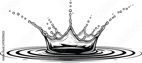 Dynamic water splash crown formation with ripples in crystal clear fluid motion flat design vector illustration isolated on transparent background