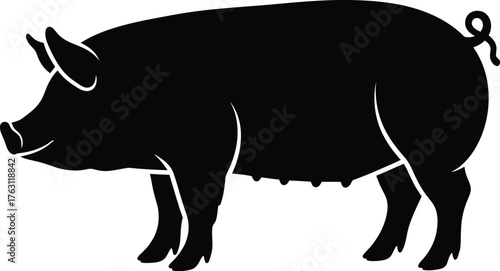 Black silhouette of a pig standing profile view farm animal livestock mammal flat design vector illustration isolated on transparent background