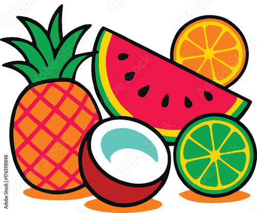 A vibrant cartoon style tropical fruit illustration on white featuring a pineapple watermelon slice orange coconut half and lime. Bold outlines and bright colors evoke a playful summery vibe.