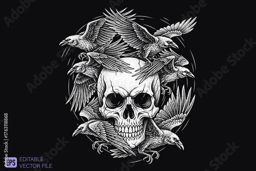 Human Skull Surrounded by Flying Crows in a Dark and Mysterious